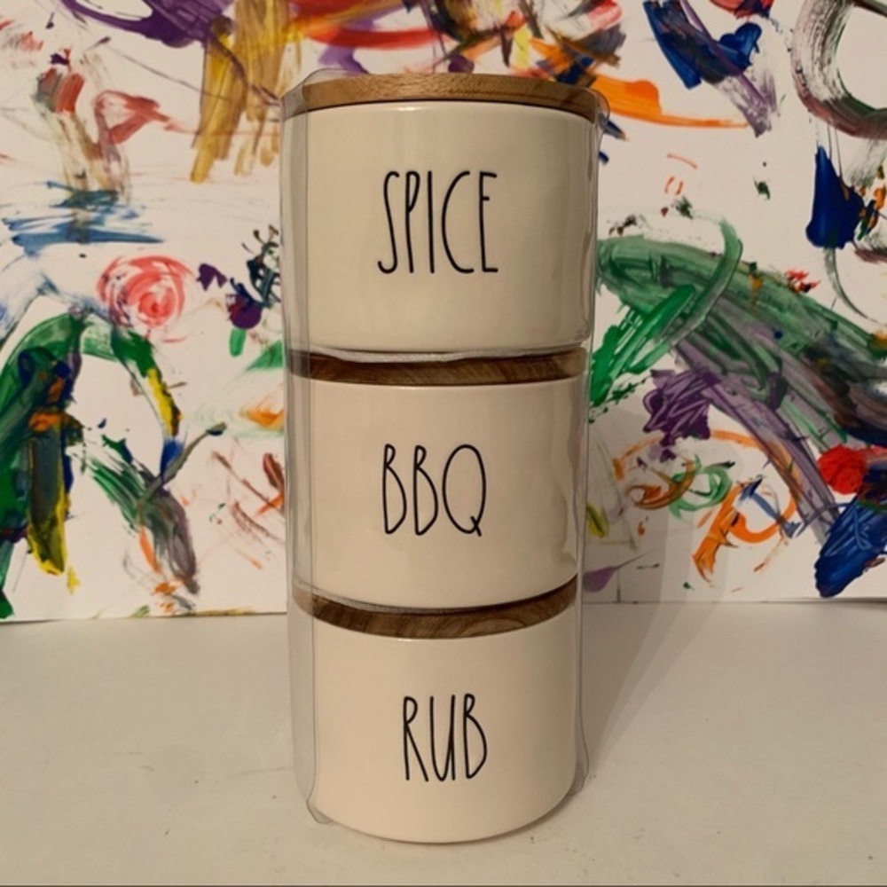 Rae Dunn SPICE BBQ RUB 3 Stack Set w/ Wood Tops